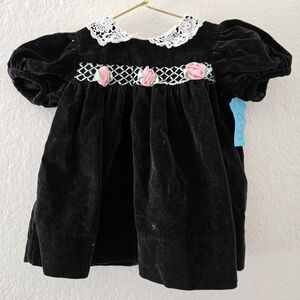 Black Velvet Baby Dress with Pink Roses And Lace Collar